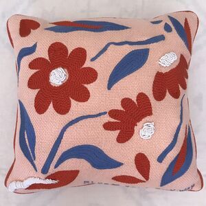 Anthropologie Bloom Your Own Way Pink Blue Floral Embroidered Throw Pillow